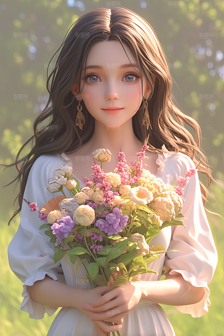 手捧鲜花的少女3D花朵素材