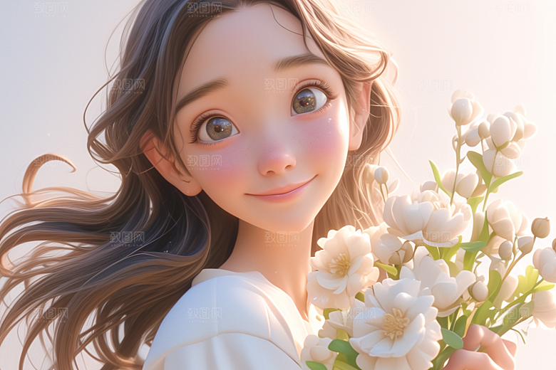 手捧鲜花的少女飞舞的裙摆3D素材