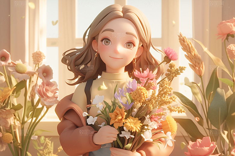 手捧鲜花的少女自然模型素材