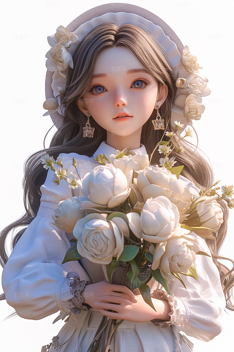 手捧鲜花的少女清新梦幻素材