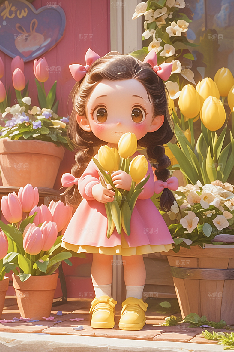 手捧鲜花的少女清新唯美素材