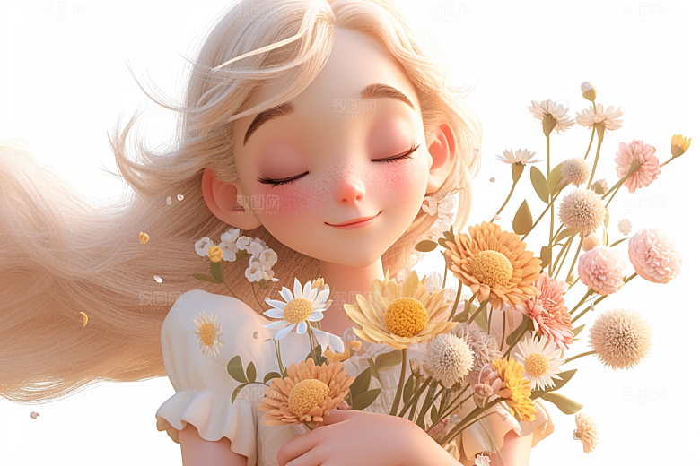 手捧鲜花的少女春天花朵素材