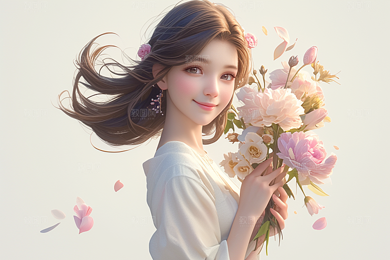 手捧鲜花的少女飞舞的裙摆烂漫素材