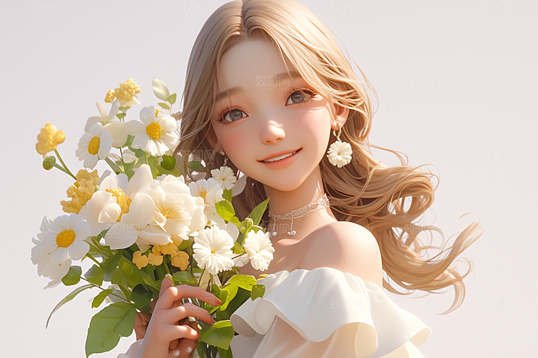 手捧鲜花的少女自然花朵素材