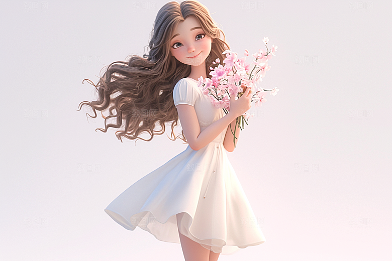 手捧鲜花的少女3D梦幻素材