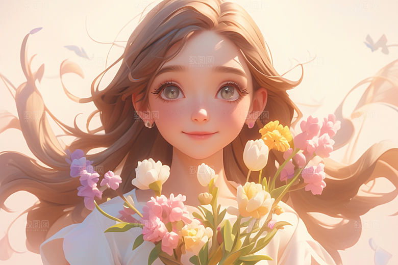 手捧鲜花的少女青春梦幻素材