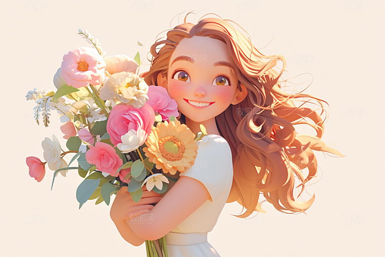 手捧鲜花的少女立体春天素材