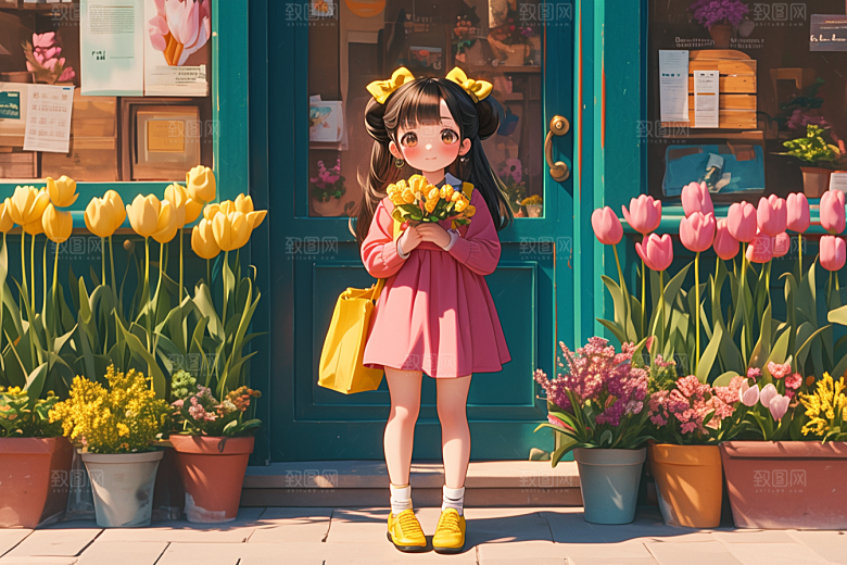 手捧鲜花的少女梦幻立体素材