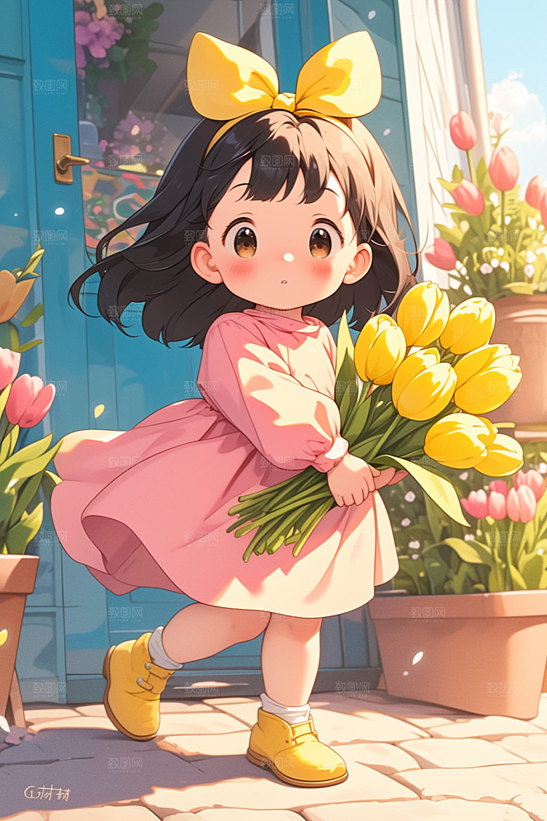 手捧鲜花的少女3D清新素材