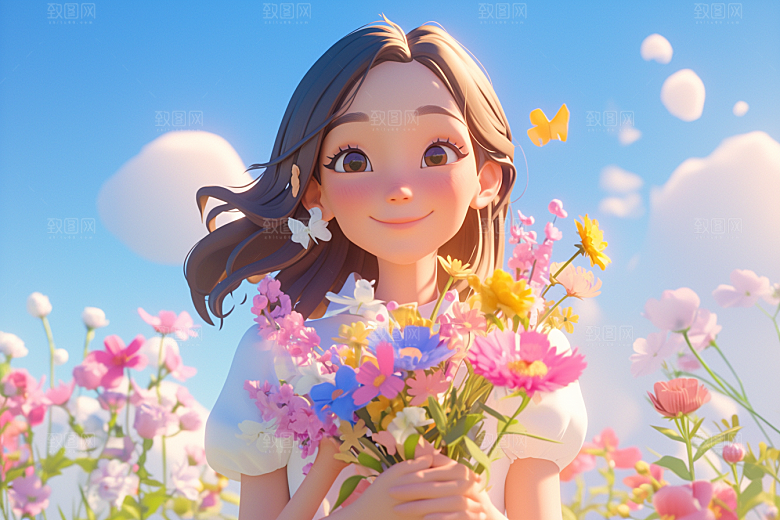 手捧鲜花的少女3D花朵素材