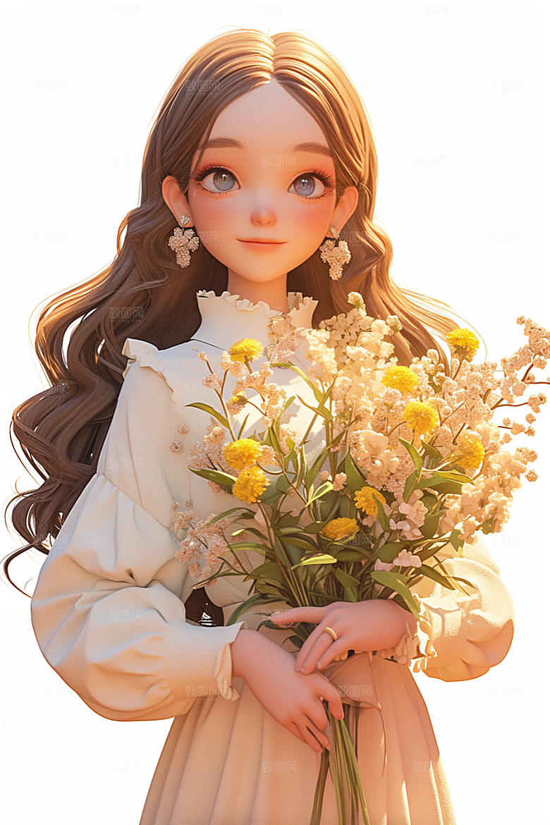 手捧鲜花的少女花朵春天素材