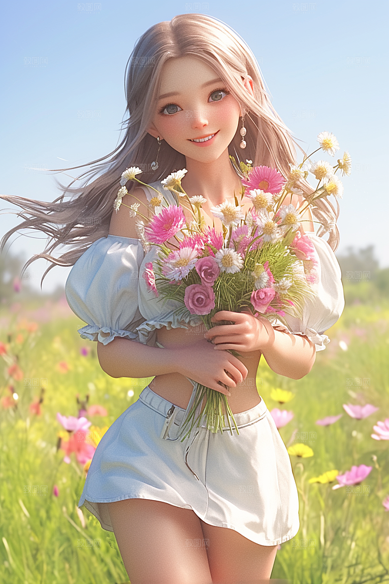 手捧鲜花的少女花朵模型素材