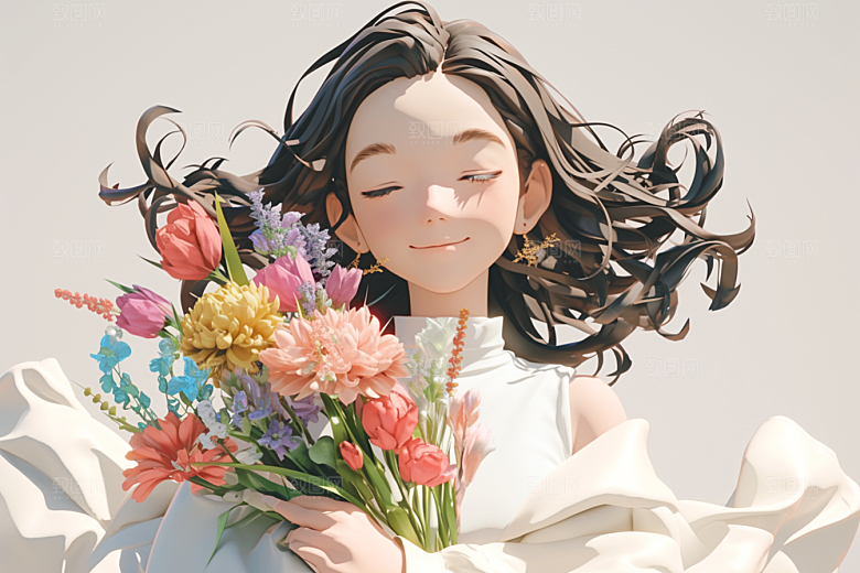 手捧鲜花的少女飞舞的裙摆梦幻素材