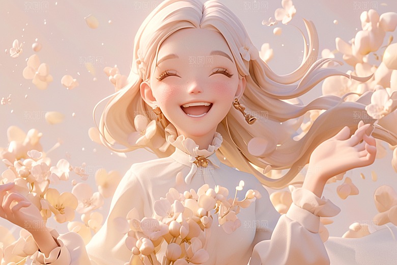 手捧鲜花的少女肖像烂漫素材