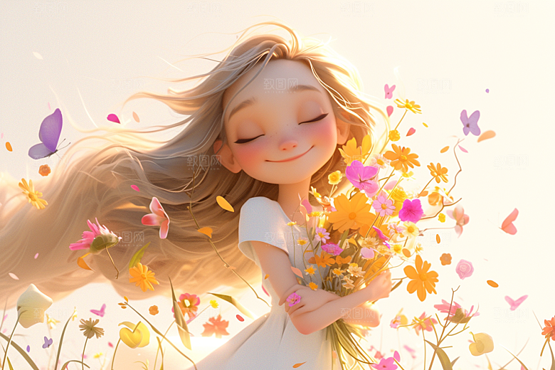 手捧鲜花的少女人物花朵素材