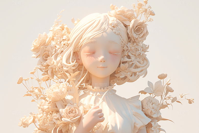 手捧鲜花的少女3D唯美素材