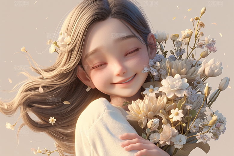 手捧鲜花的少女3D人物素材