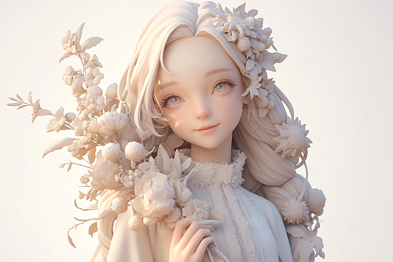 手捧鲜花的少女3D梦幻素材