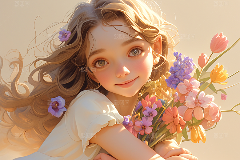 手捧鲜花的少女梦幻肖像素材