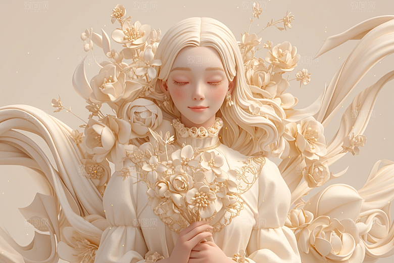 手捧鲜花的少女模型人物素材