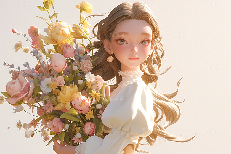 手捧鲜花的少女人物青春素材