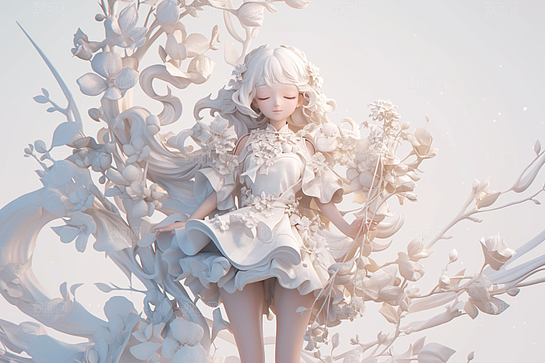 手捧鲜花的少女青春飞舞的裙摆素材