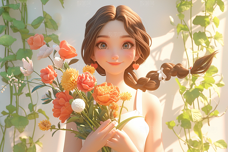 手捧鲜花的少女烂漫自然素材