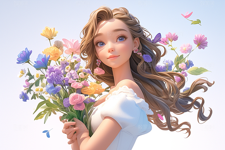 手捧鲜花的少女人物梦幻素材