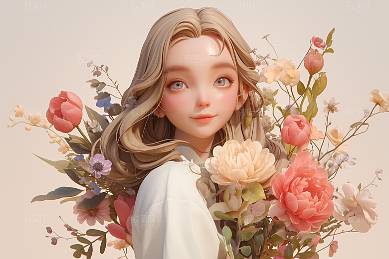 手捧鲜花的少女唯美立体素材