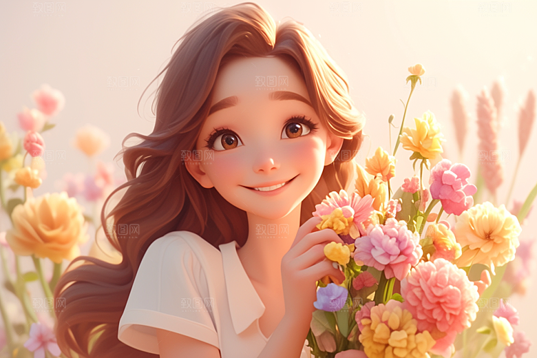 手捧鲜花的少女梦幻烂漫素材