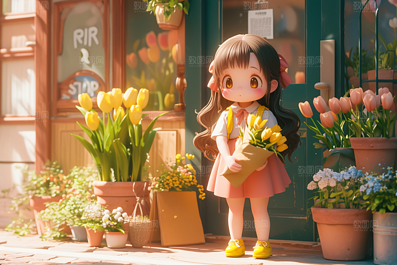 手捧鲜花的少女花朵烂漫素材