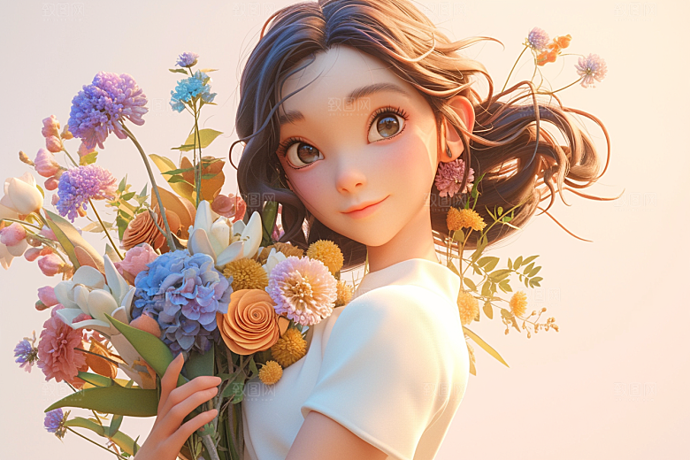 手捧鲜花的少女立体模型素材
