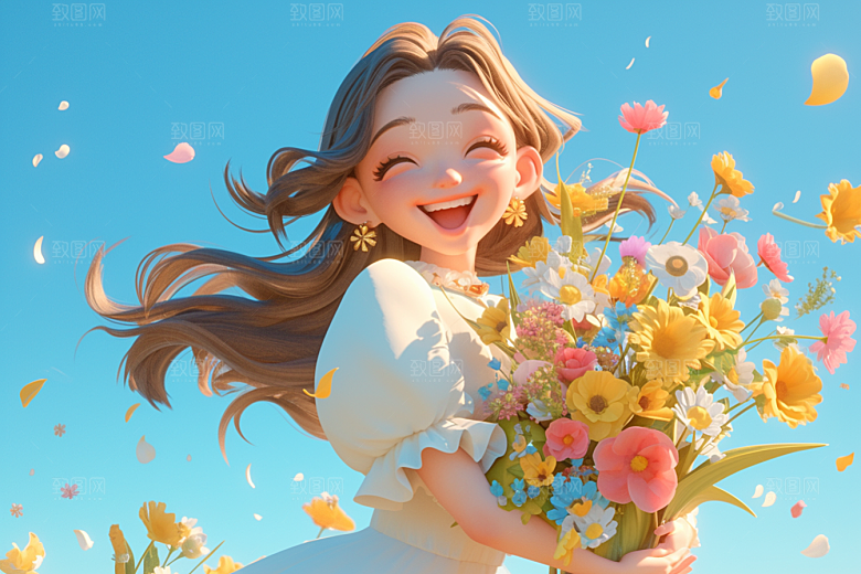 手捧鲜花的少女立体烂漫素材