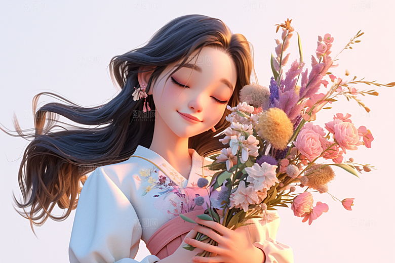 手捧鲜花的少女肖像春天素材
