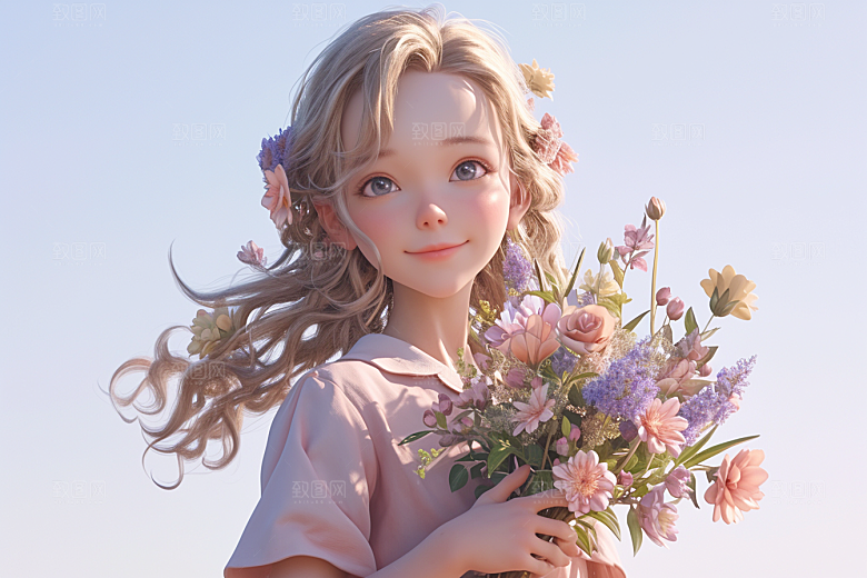 手捧鲜花的少女青春花朵素材