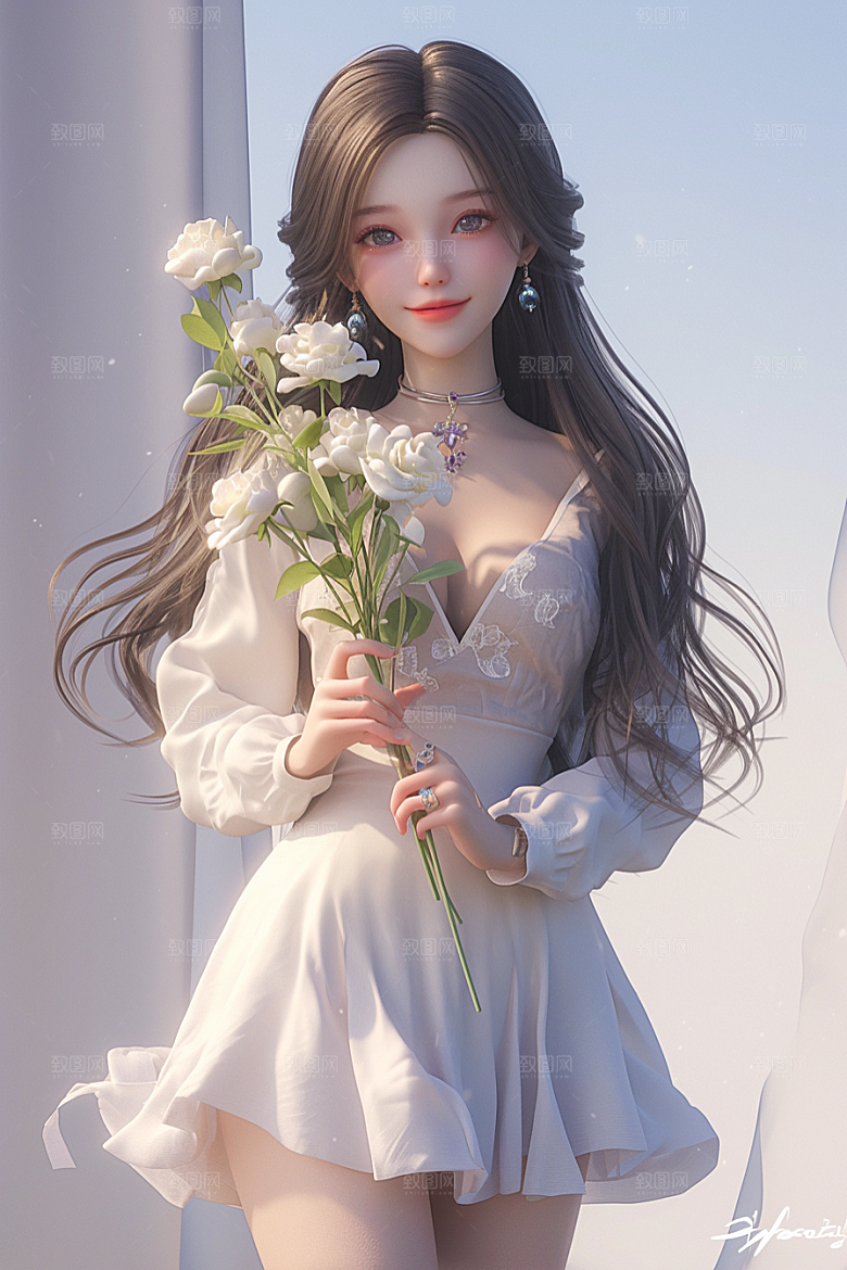 手捧鲜花的少女清新飞舞的裙摆素材