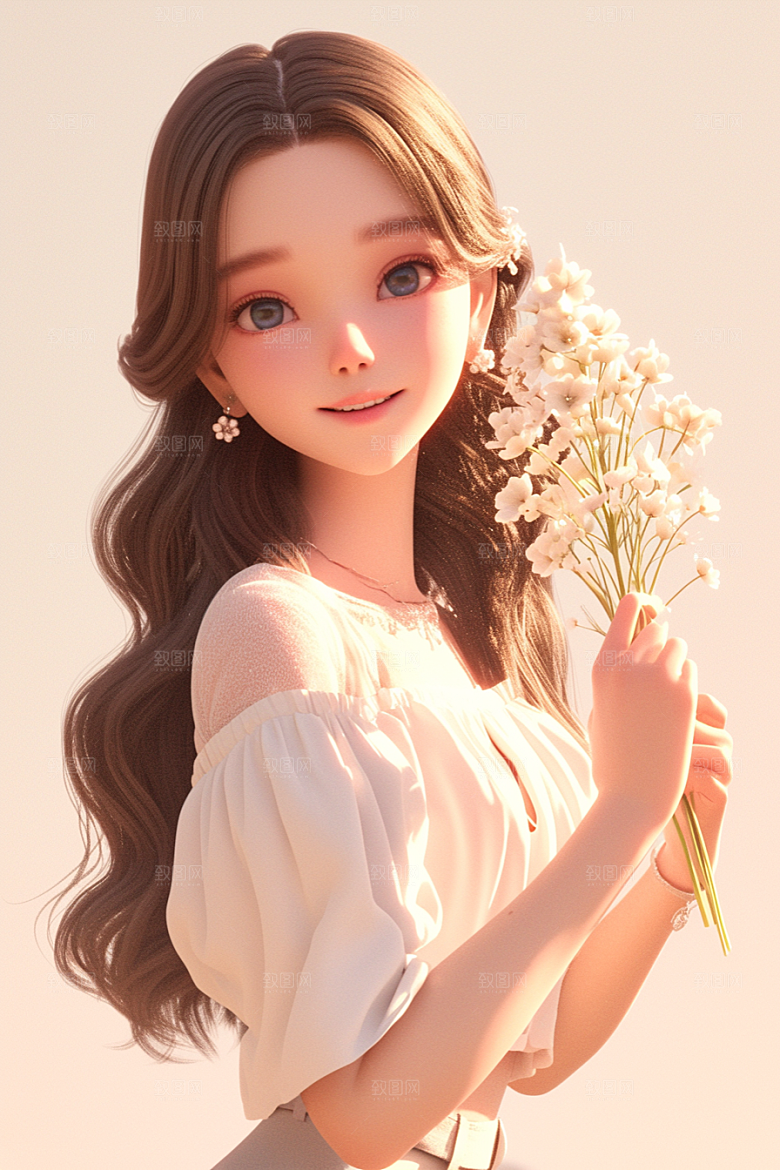手捧鲜花的少女清新自然素材