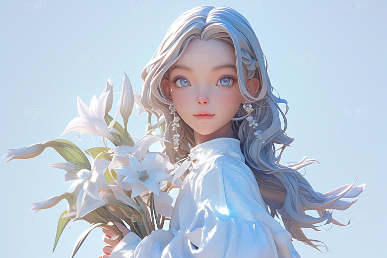 手捧鲜花的少女模型人物素材