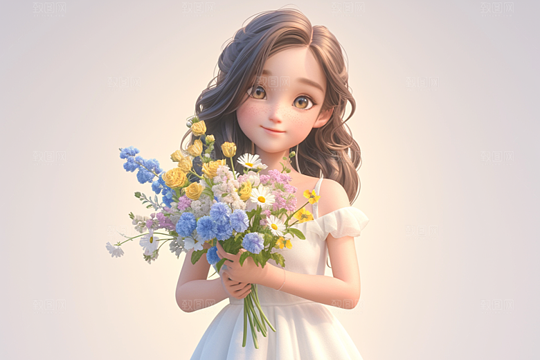 手捧鲜花的少女自然唯美素材