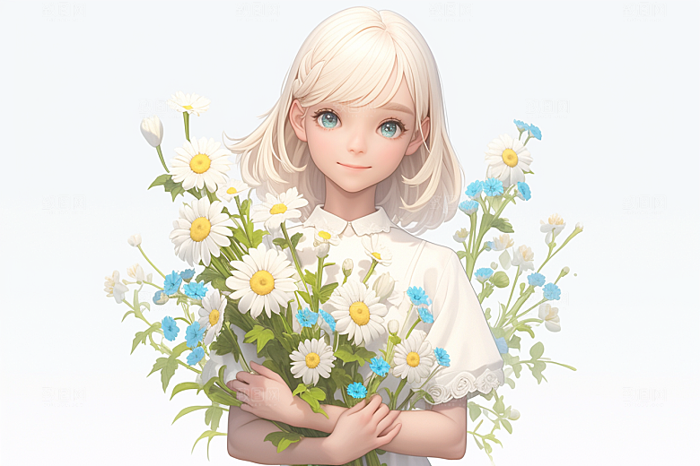 手捧鲜花的少女春天烂漫素材