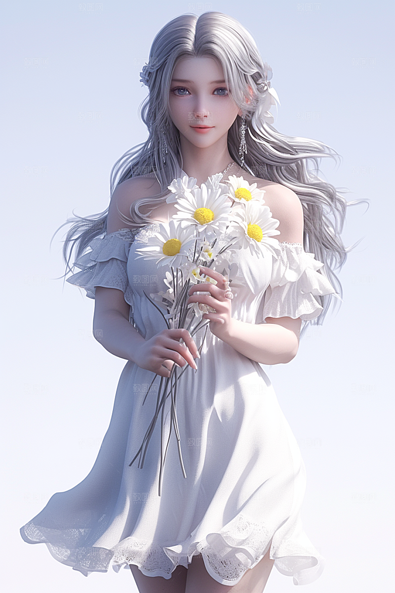 手捧鲜花的少女梦幻自然素材