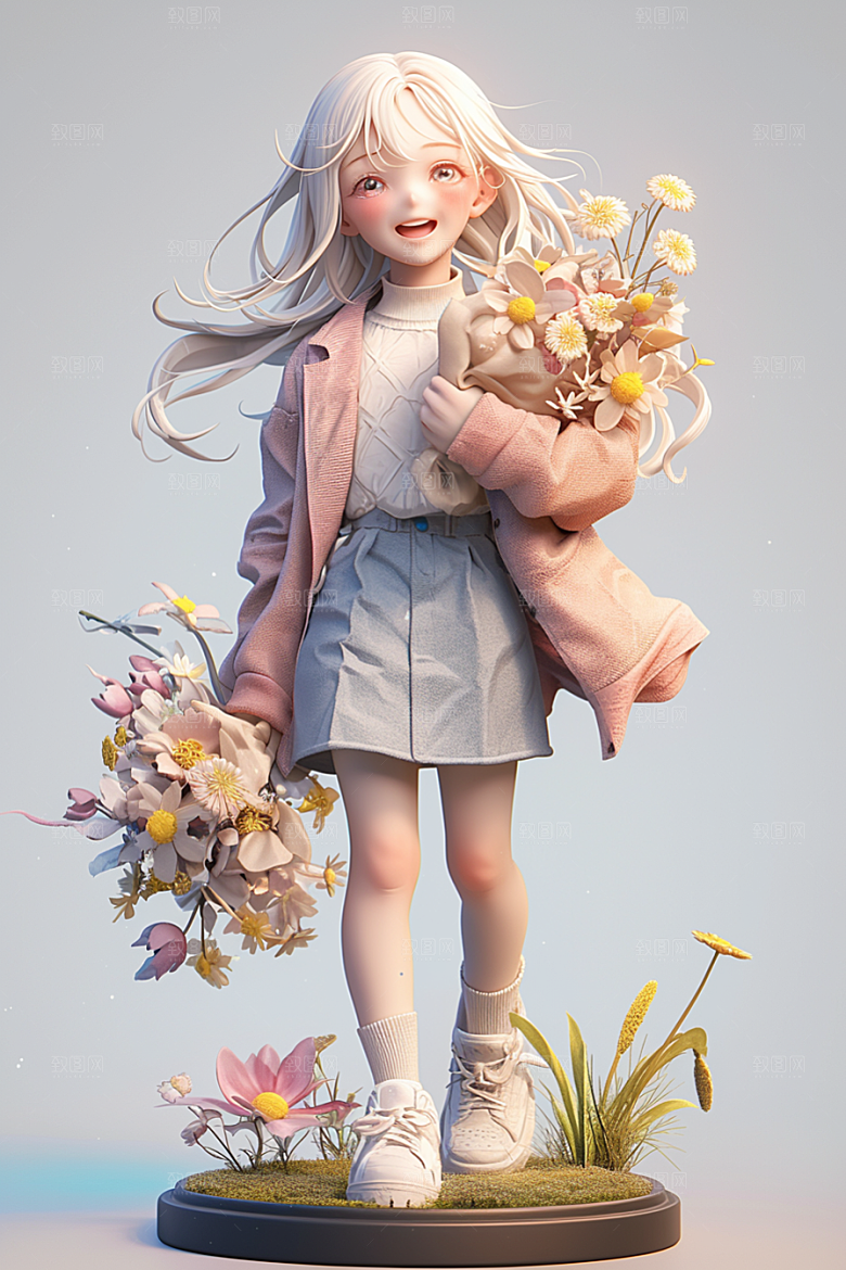手捧鲜花的少女肖像唯美素材