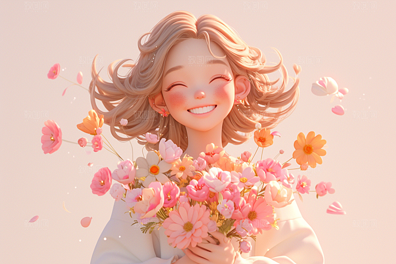 手捧鲜花的少女唯美自然素材