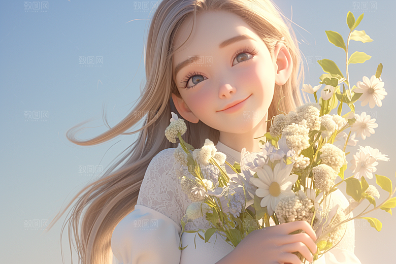 手捧鲜花的少女自然肖像素材