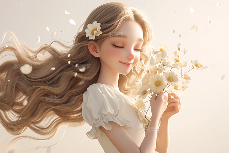 手捧鲜花的少女肖像模型素材