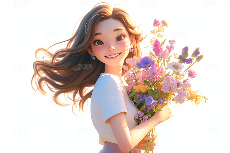 手捧鲜花的少女3D梦幻素材