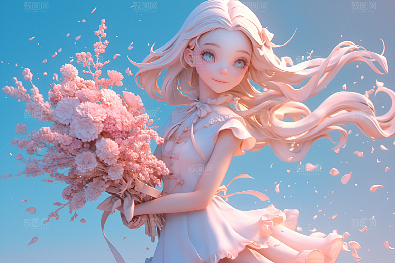 手捧鲜花的少女春天花朵素材