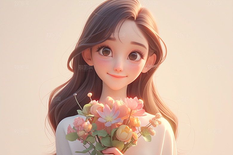 手捧鲜花的少女青春立体素材