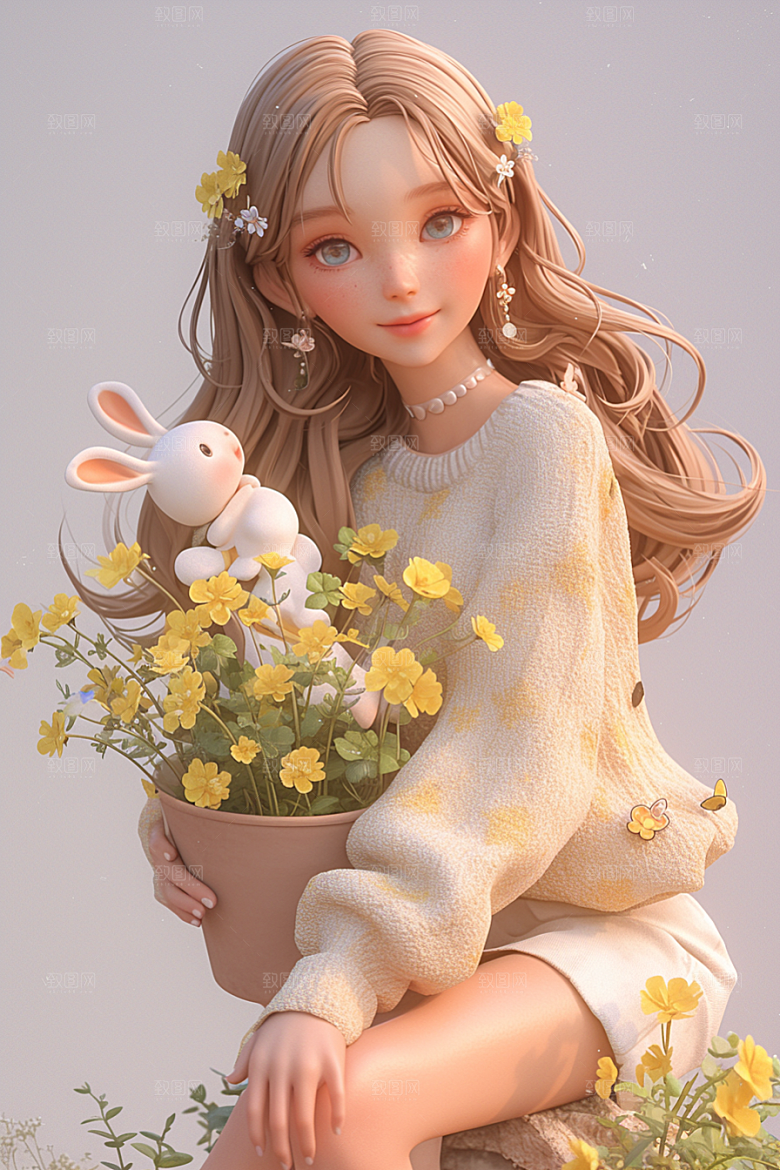 手捧鲜花的少女花朵梦幻素材