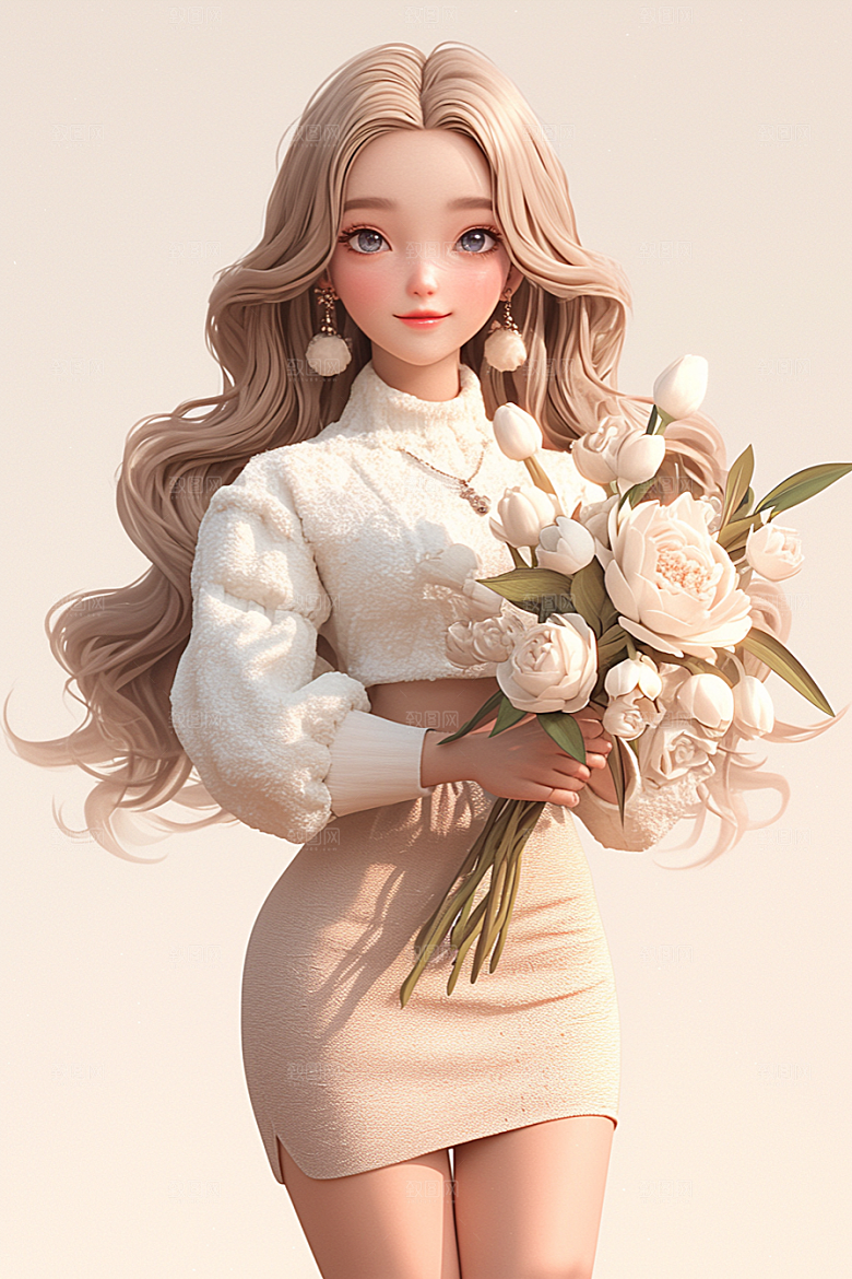手捧鲜花的少女唯美梦幻素材